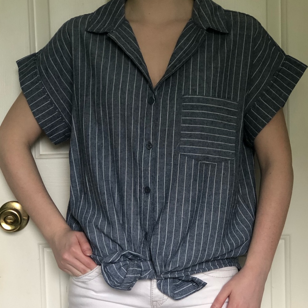Women’s Blue & White Stripe Button Down Top. Size Small. Brand New. Never Worn.